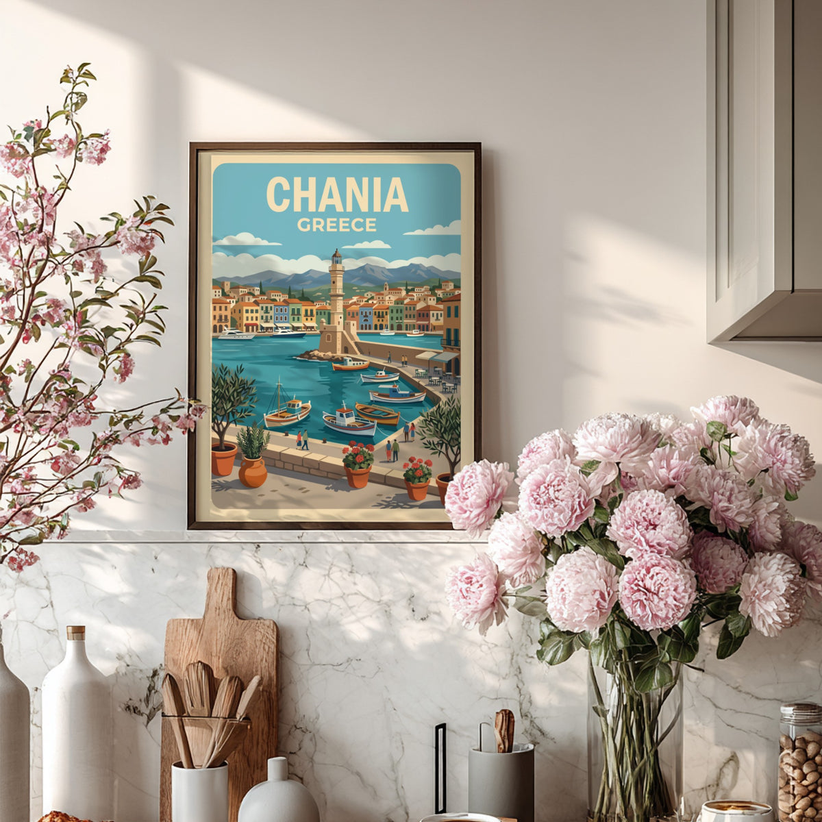 Chania Greece travel poster featuring a lighthouse, colourful Mediterranean buildings, boats, and olive trees.