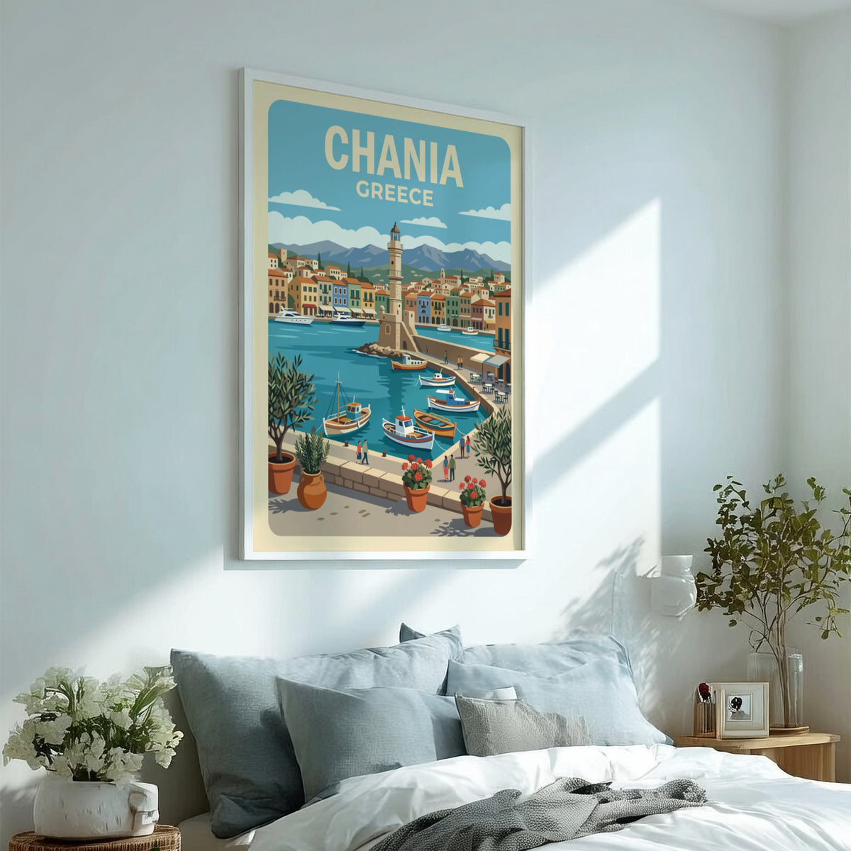 Chania Greece travel poster featuring a lighthouse, colourful Mediterranean buildings, boats, and olive trees.