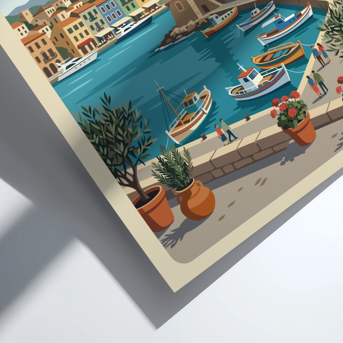 Chania Greece travel poster featuring a lighthouse, colourful Mediterranean buildings, boats, and olive trees.