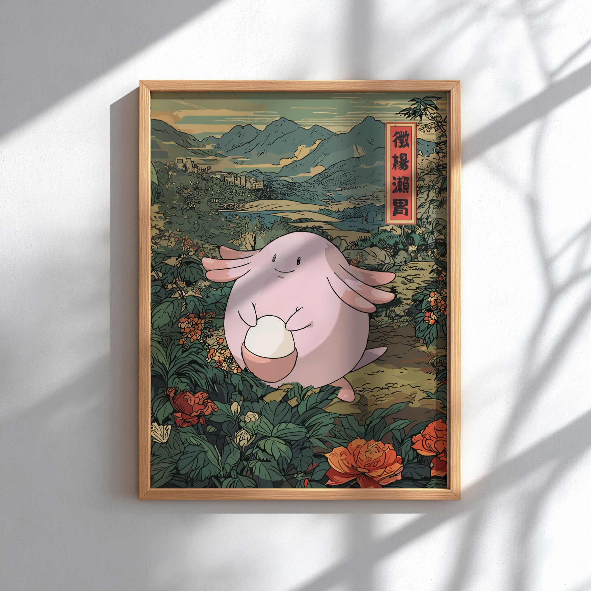 Framed artwork with Chansey Pokemon character in a Japanese-style landscape