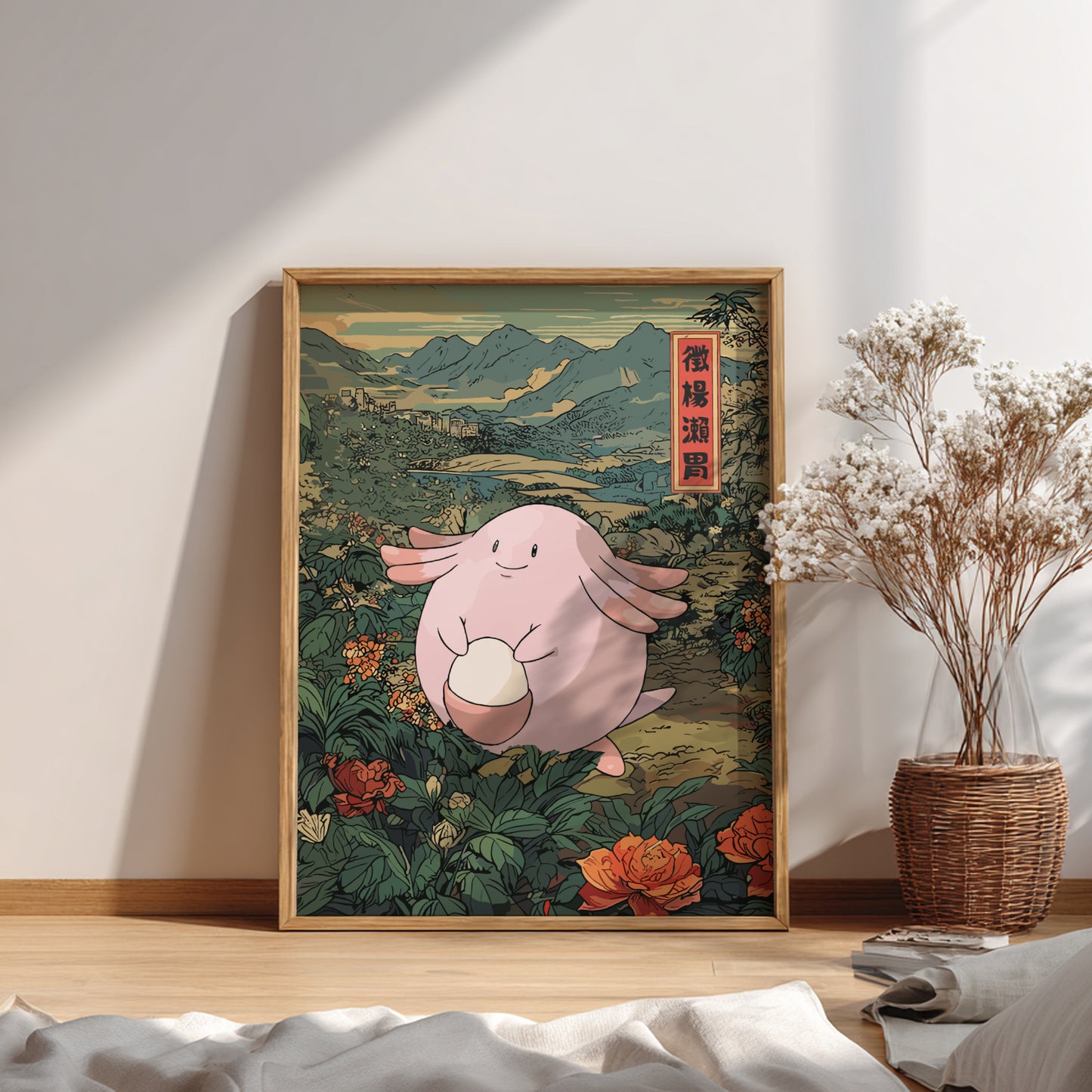 Framed artwork with Chansey Pokemon in a natural setting on a wall.