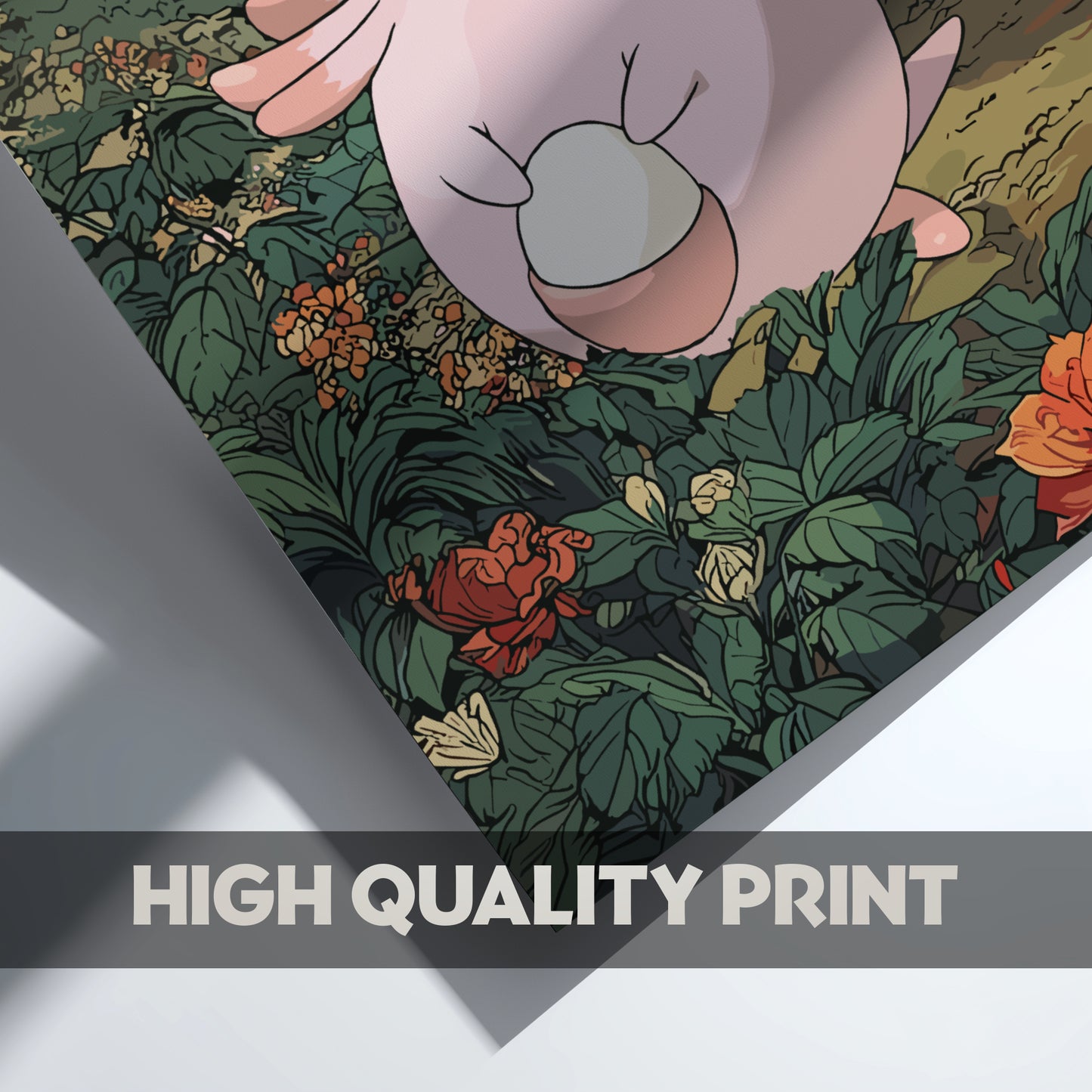 Chansey Pokemon character peering over a floral pattern with 'High Quality Print' text.