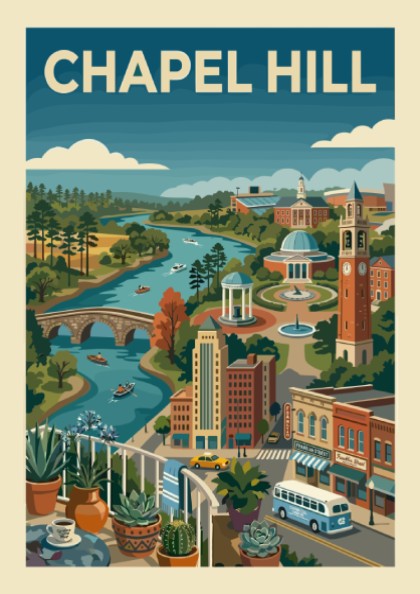 Chapel Hill landscape art print featuring a river, buildings, and trees in a colorful, illustrative style.