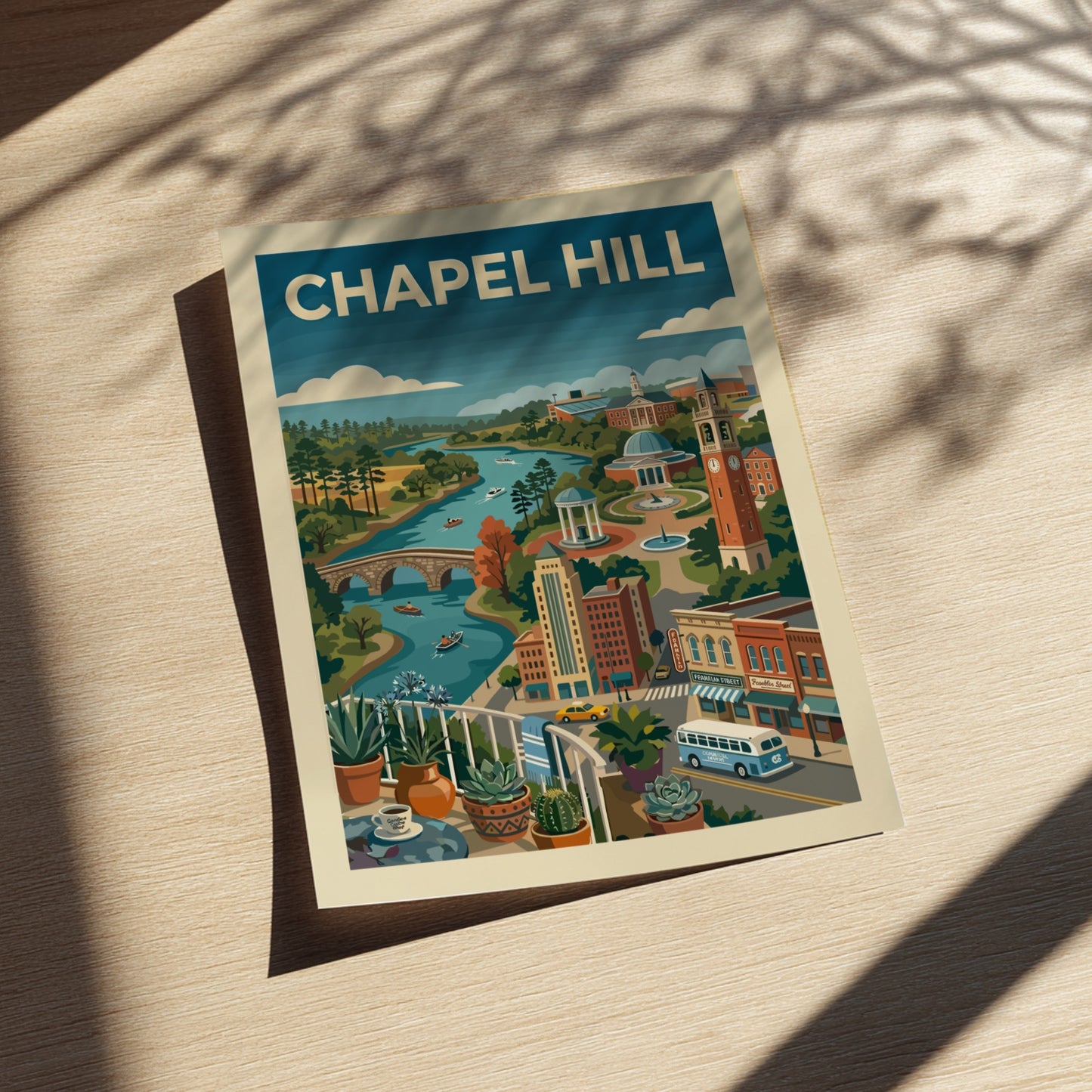 Chapel Hill landscape art print featuring a river, buildings, and trees in a colorful, illustrative style.