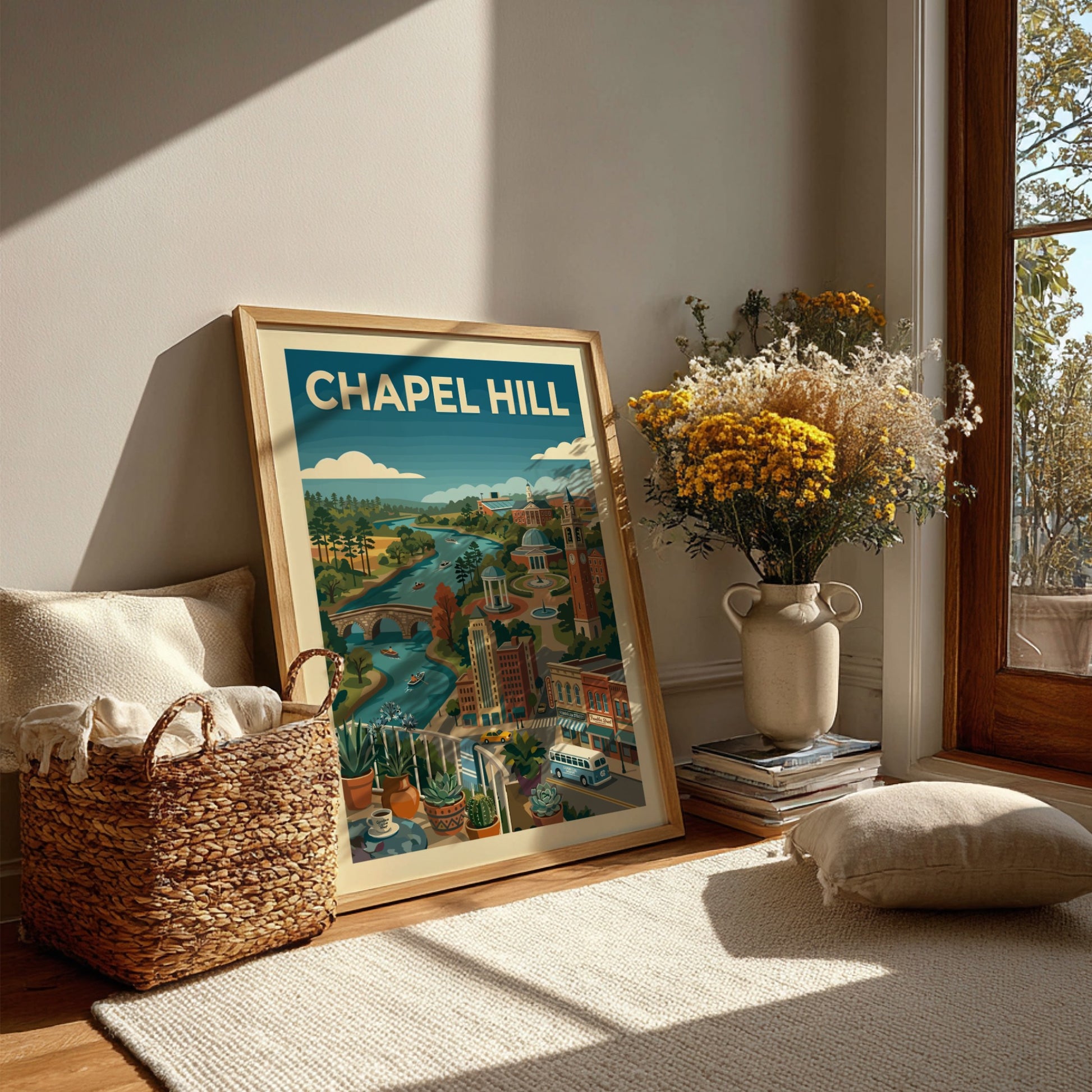 Chapel Hill landscape art print featuring a river, buildings, and trees in a colorful, illustrative style.