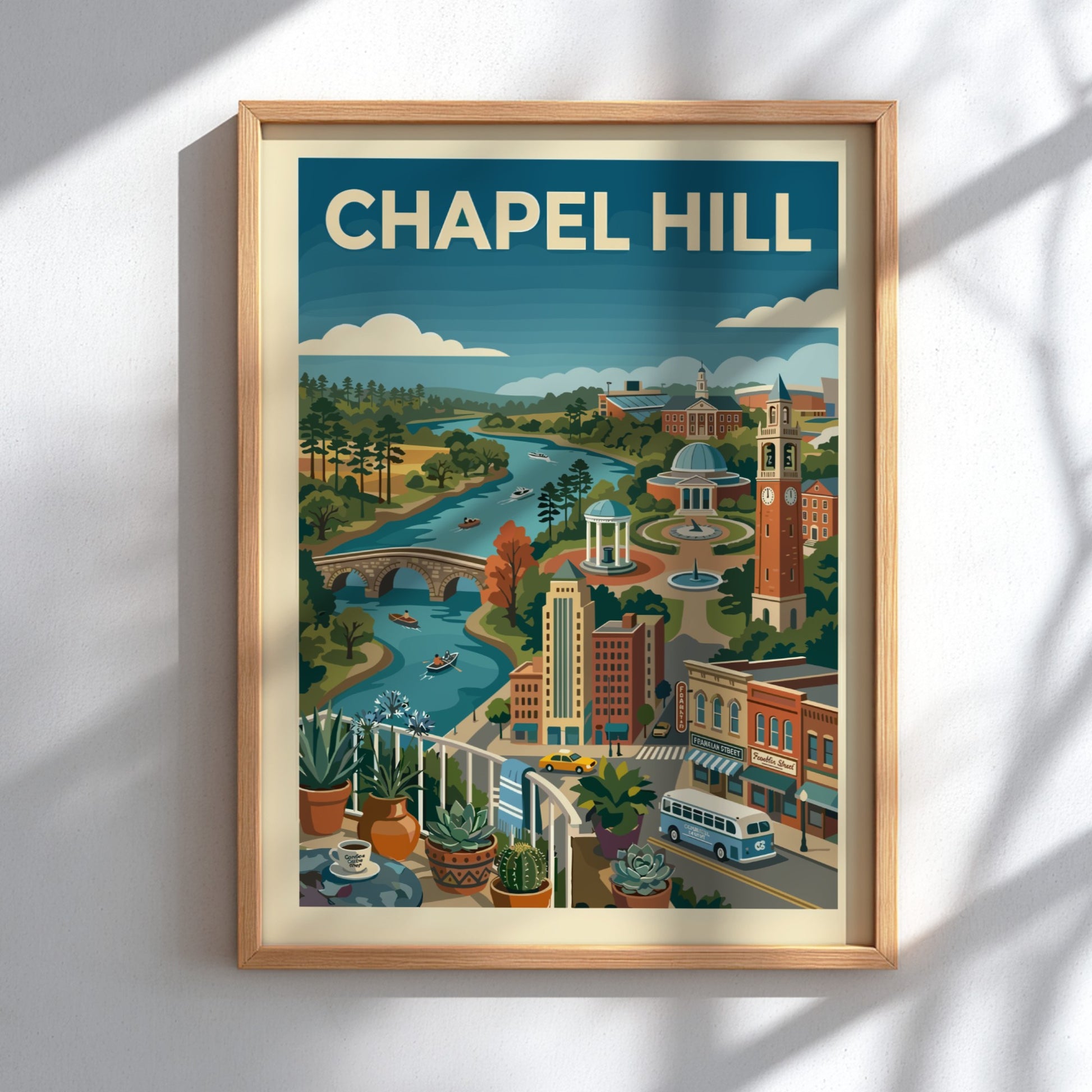 Chapel Hill landscape art print featuring a river, buildings, and trees in a colorful, illustrative style.