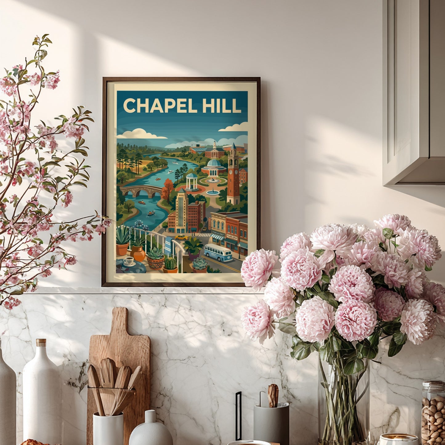 Chapel Hill landscape art print featuring a river, buildings, and trees in a colorful, illustrative style.