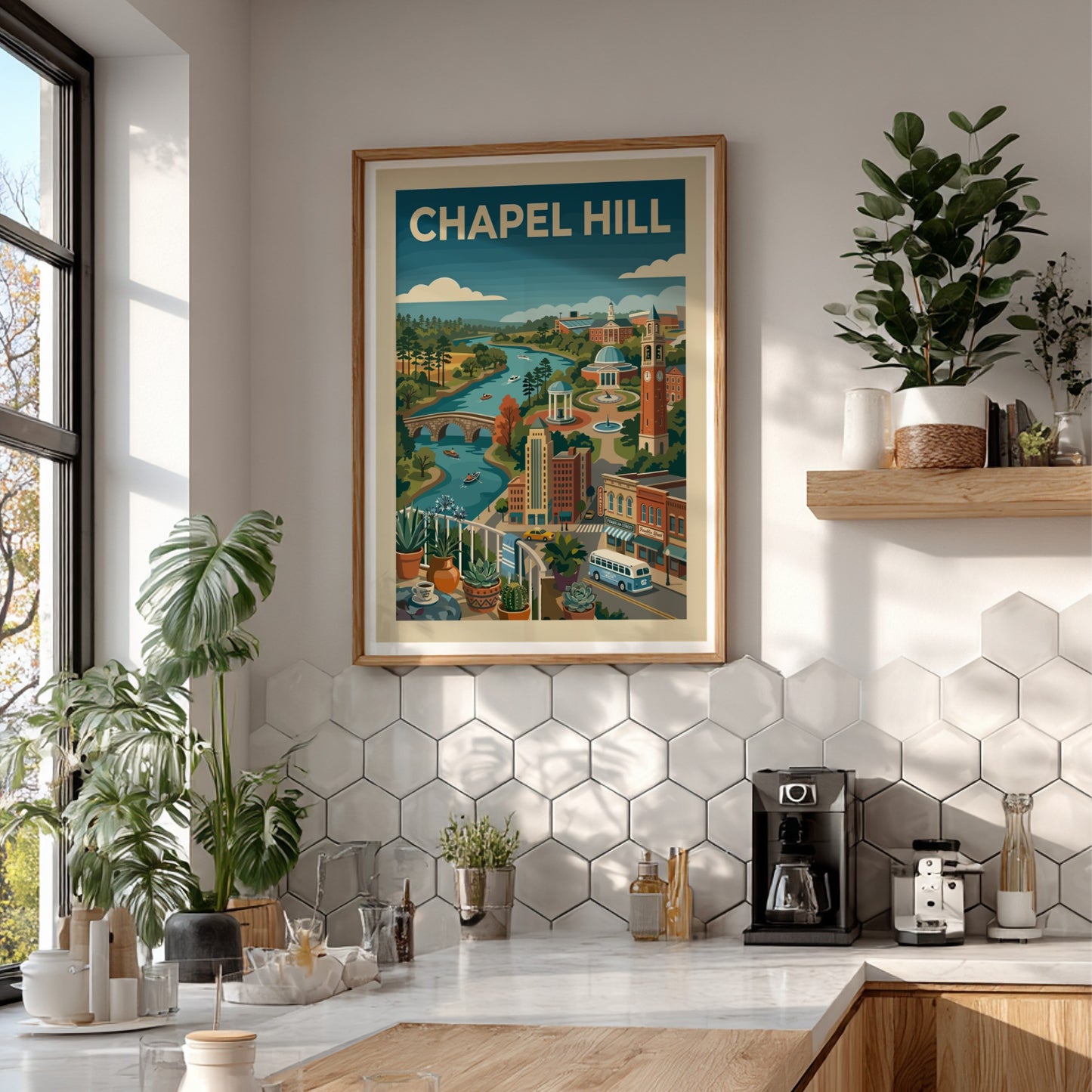 Chapel Hill landscape art print featuring a river, buildings, and trees in a colorful, illustrative style.