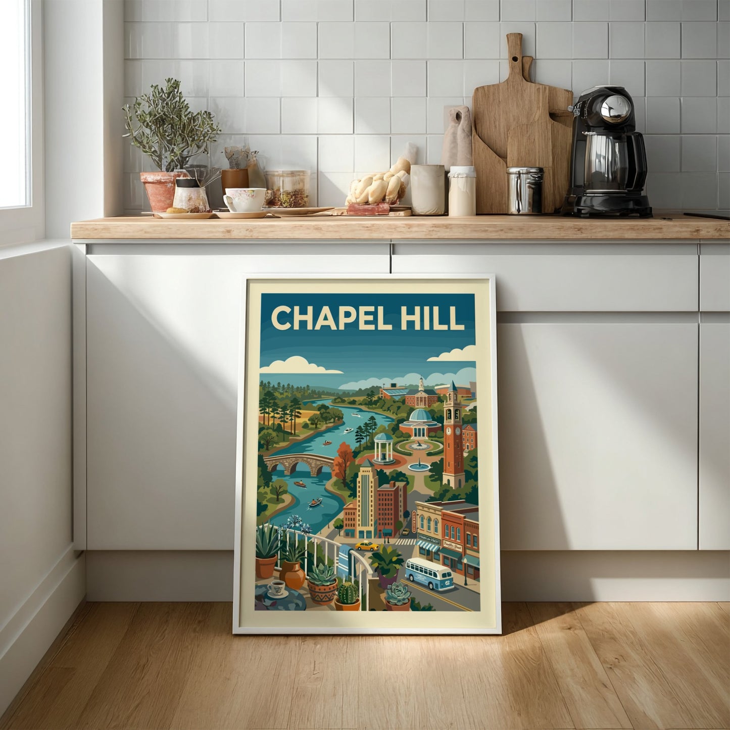 Chapel Hill landscape art print featuring a river, buildings, and trees in a colorful, illustrative style.