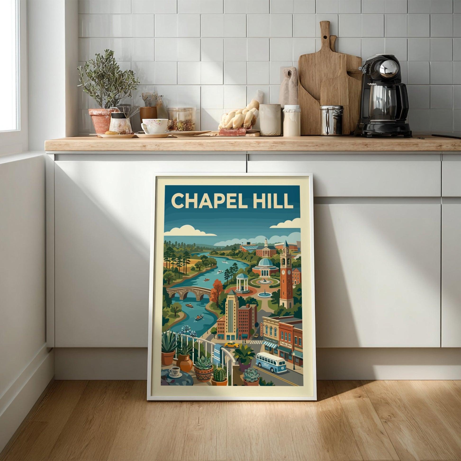 Chapel Hill landscape art print featuring a river, buildings, and trees in a colorful, illustrative style.
