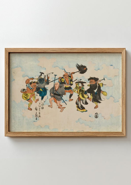 Japanese folk art poster featuring colorful characters dancing Bon-odori, cultural decor with vibrant details.