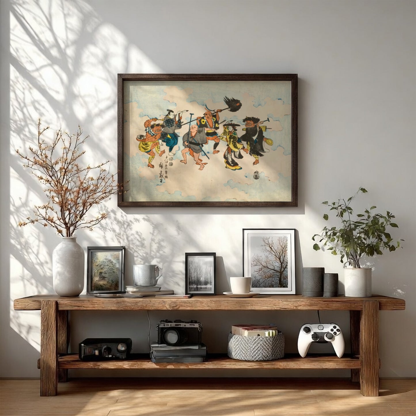 Japanese folk art poster featuring colorful characters dancing Bon-odori, cultural decor with vibrant details.