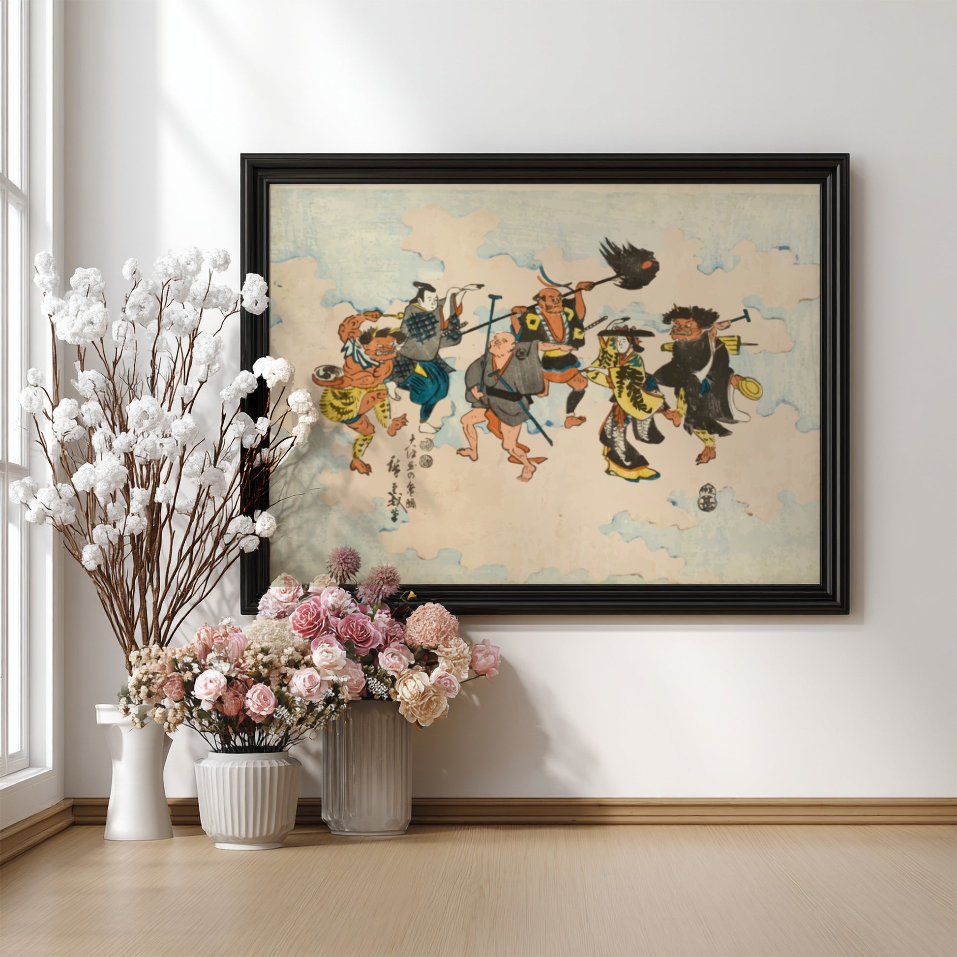 Japanese folk art poster featuring colorful characters dancing Bon-odori, cultural decor with vibrant details.