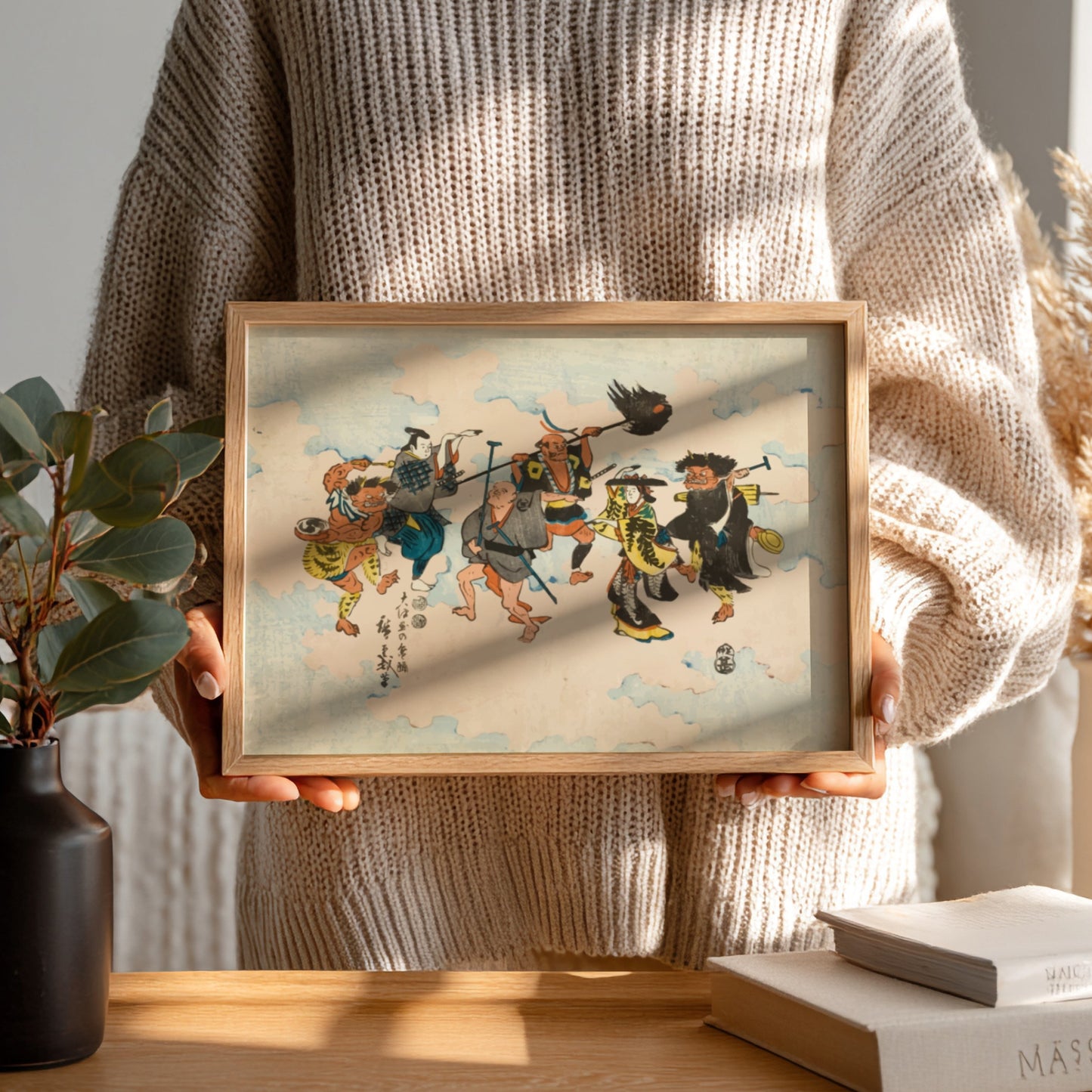 Japanese folk art poster featuring colorful characters dancing Bon-odori, cultural decor with vibrant details.
