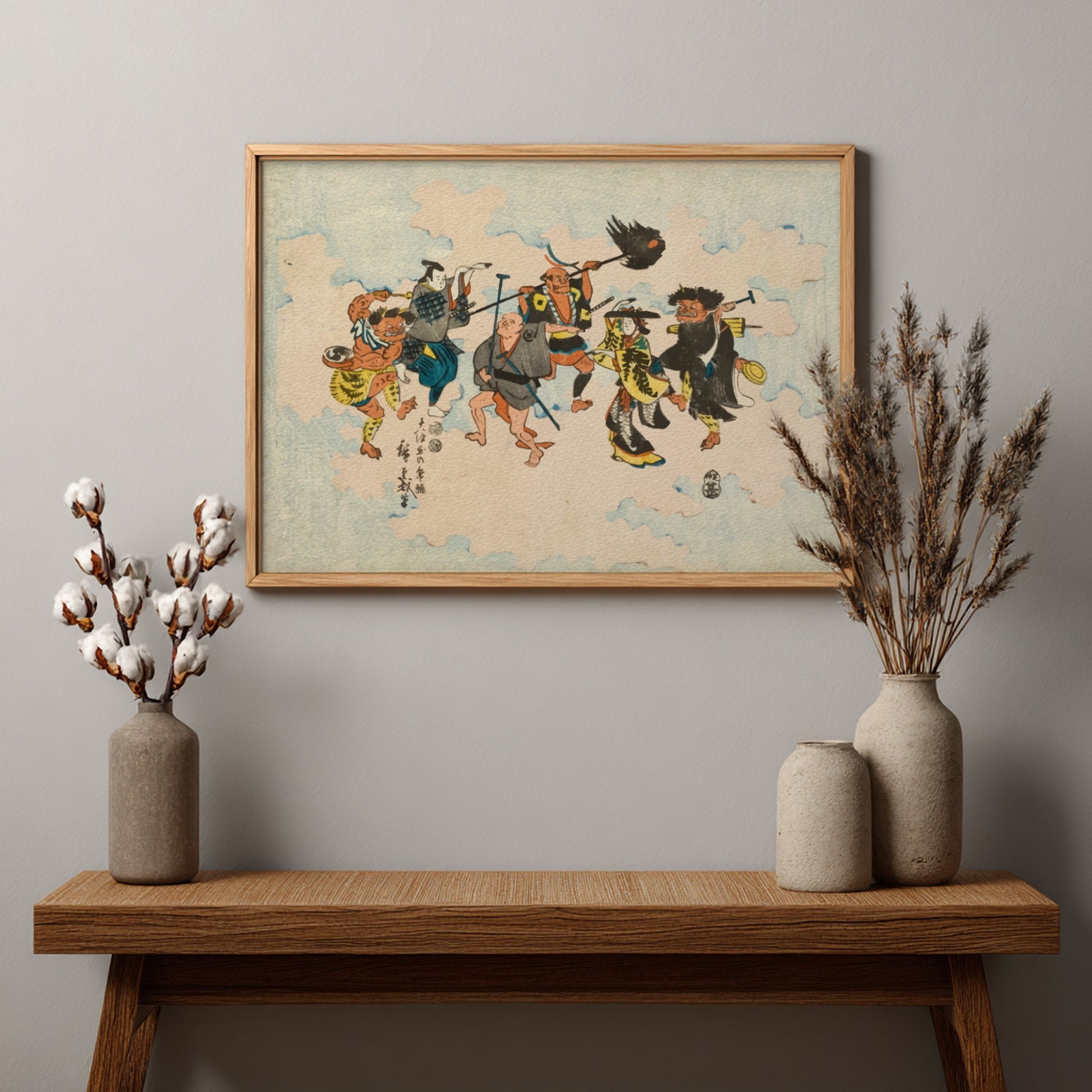 Japanese folk art poster featuring colorful characters dancing Bon-odori, cultural decor with vibrant details.