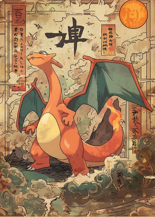 Illustration of Charizard Pokemon with traditional Japanese design elements