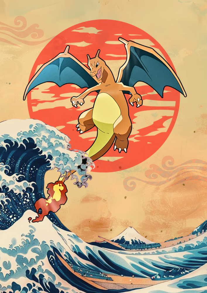 Charizard on The Great Wave of Kanagawa: Japanese Style Pokemon Anime Poster, Pokemon TCG Charizard