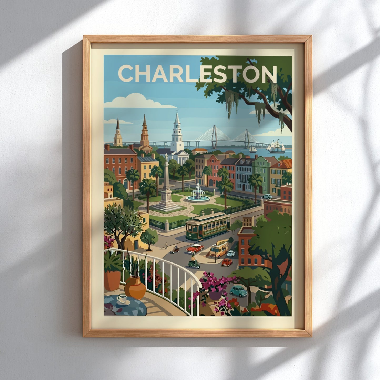 Vibrant Charleston cityscape illustration with vintage trolley, historic buildings, and a bridge. Vintage