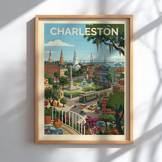 Vibrant Charleston cityscape illustration with vintage trolley, historic buildings, and a bridge. Vintage