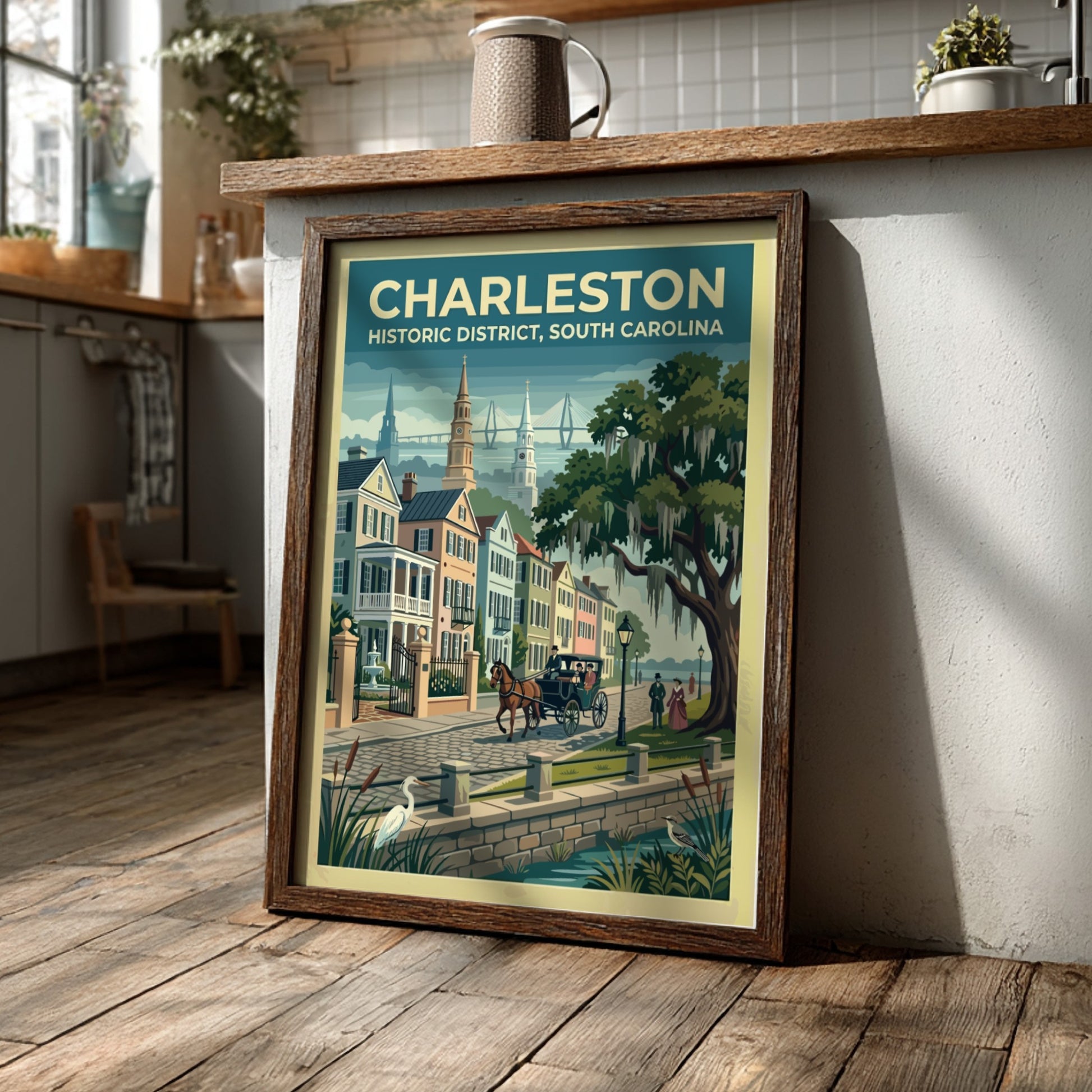 Travel poster of Charleston Historic District featuring a horse carriage and oak trees