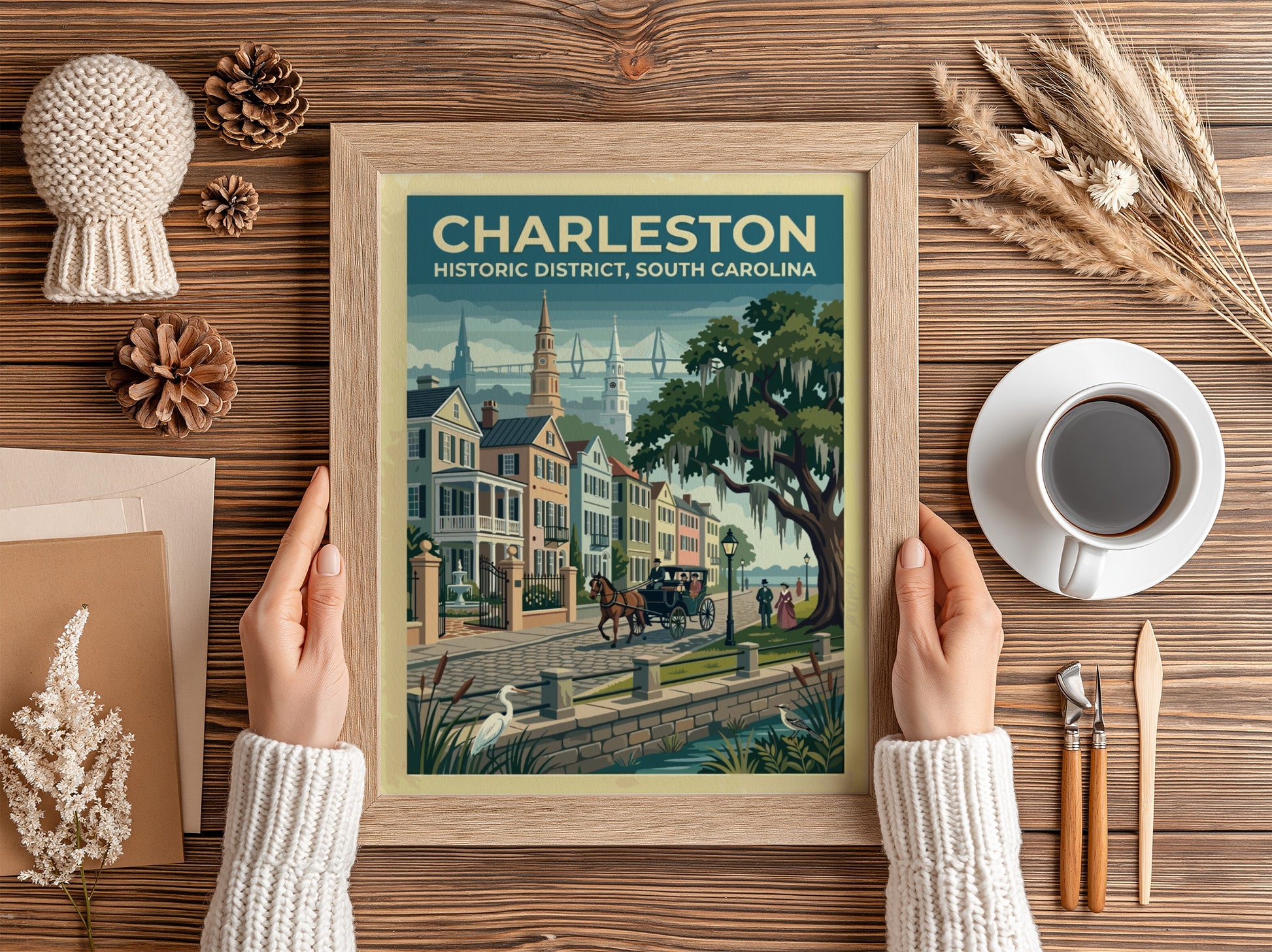 Travel poster of Charleston Historic District featuring a horse carriage and oak trees