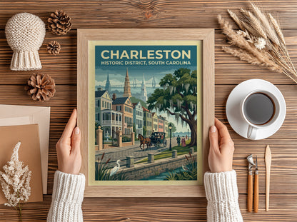 Travel poster of Charleston Historic District featuring a horse carriage and oak trees