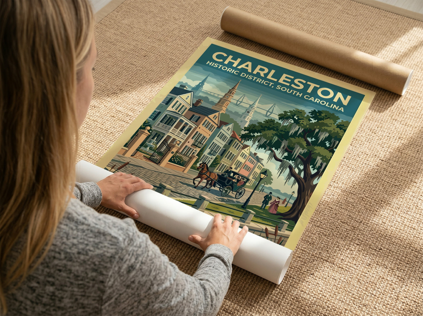 Travel poster of Charleston Historic District featuring a horse carriage and oak trees