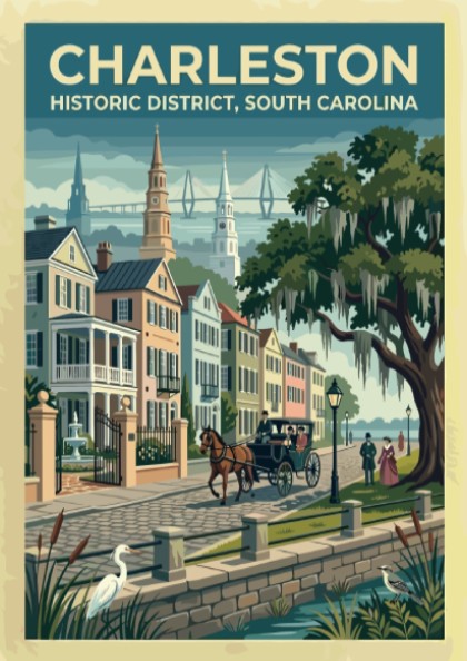 Travel poster of Charleston Historic District featuring a horse carriage and oak trees