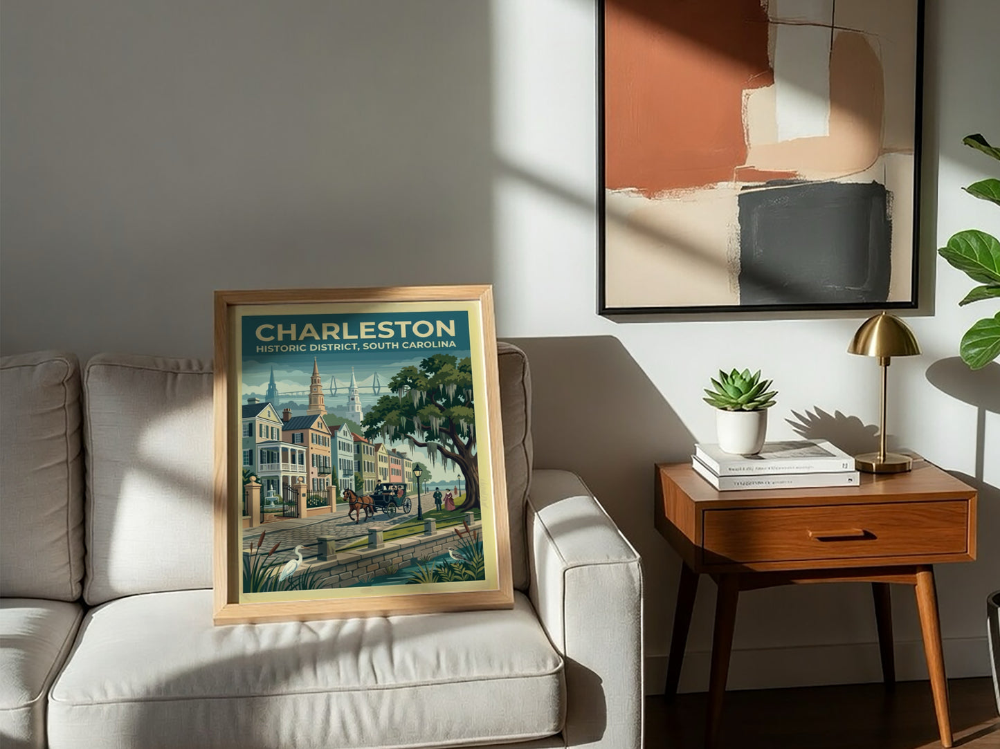 Travel poster of Charleston Historic District featuring a horse carriage and oak trees