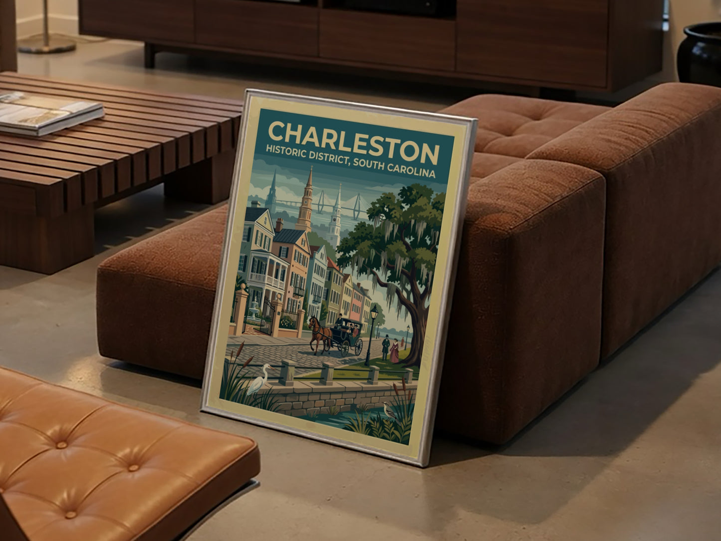 Travel poster of Charleston Historic District featuring a horse carriage and oak trees