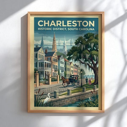 Travel poster of Charleston Historic District featuring a horse carriage and oak trees