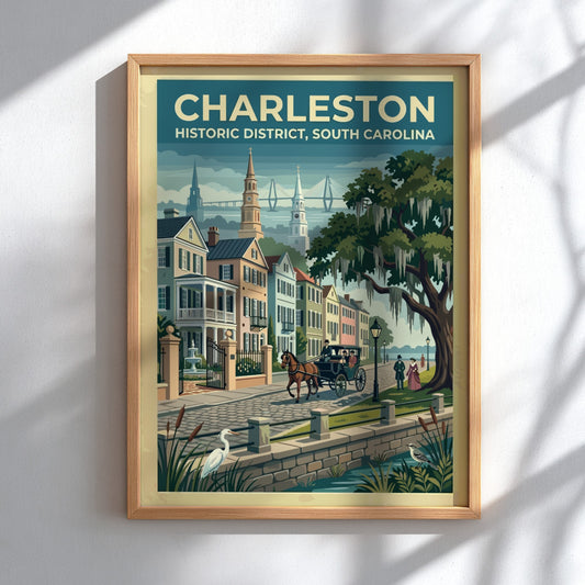 Travel poster of Charleston Historic District featuring a horse carriage and oak trees