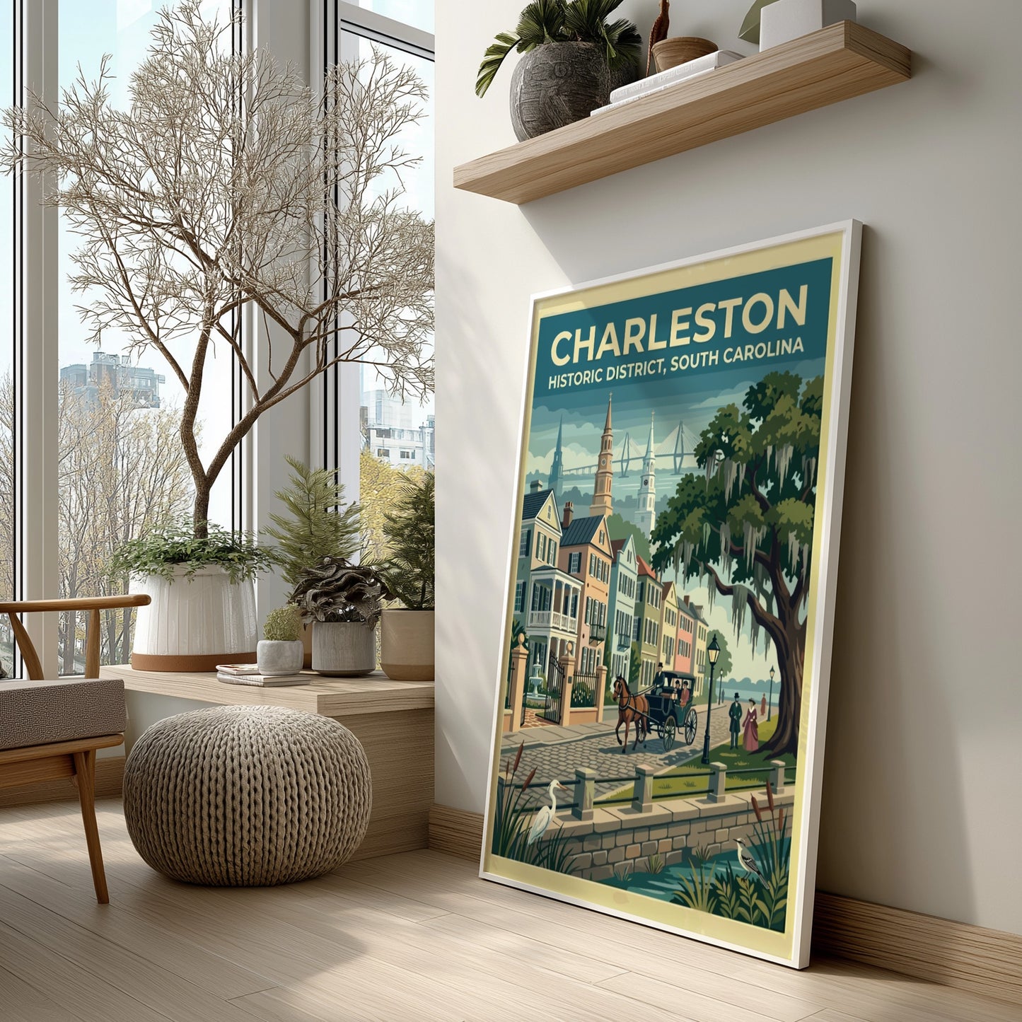 Travel poster of Charleston Historic District featuring a horse carriage and oak trees