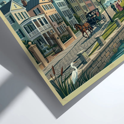 Travel poster of Charleston Historic District featuring a horse carriage and oak trees