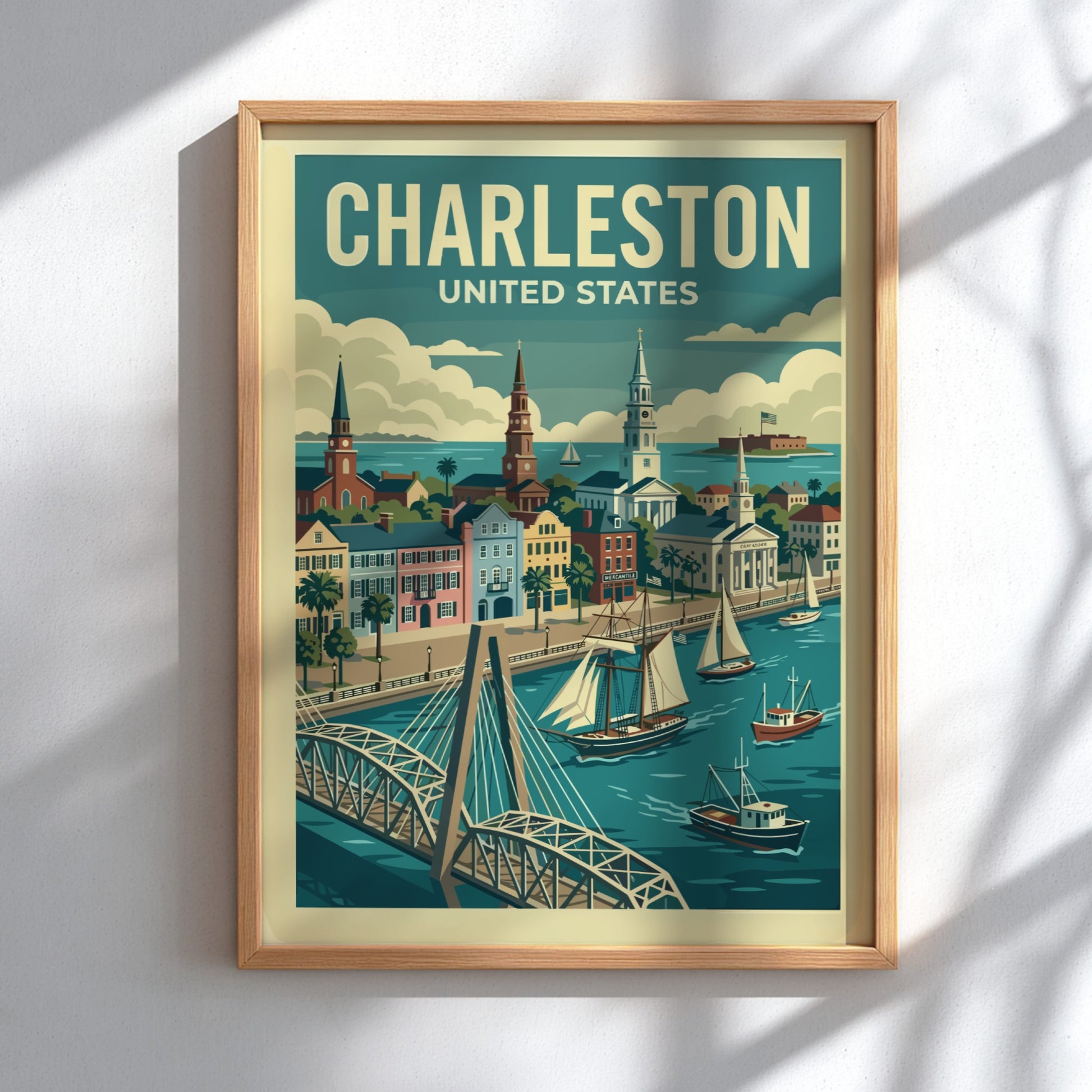 Vintage Charleston travel poster featuring historic buildings and boats on the water.