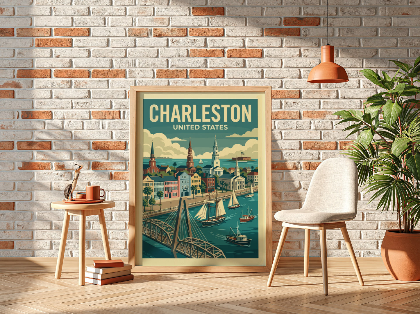 Vintage Charleston travel poster featuring historic buildings and boats on the water.