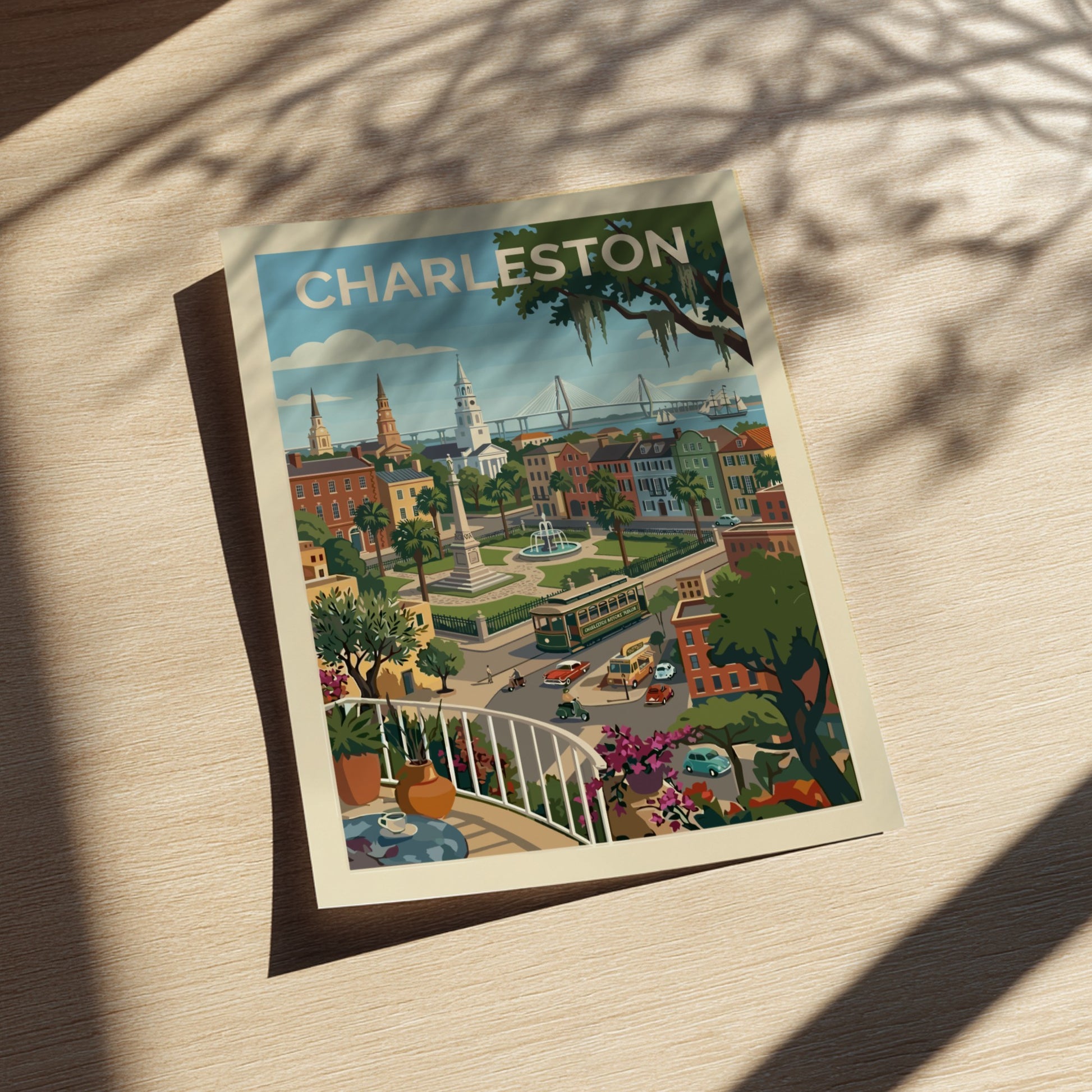 Vibrant Charleston cityscape illustration with vintage trolley, historic buildings, and a bridge. Vintage