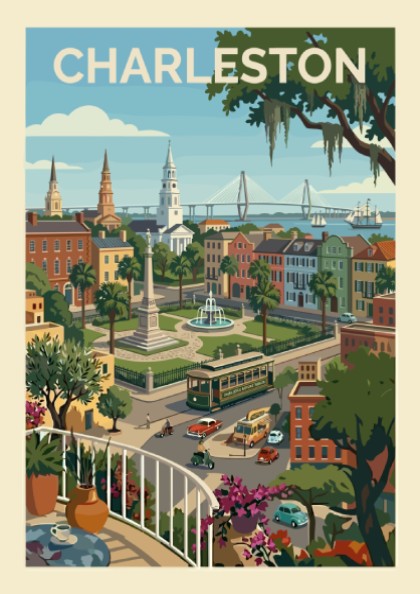 Vibrant Charleston cityscape illustration with vintage trolley, historic buildings, and a bridge. Vintage