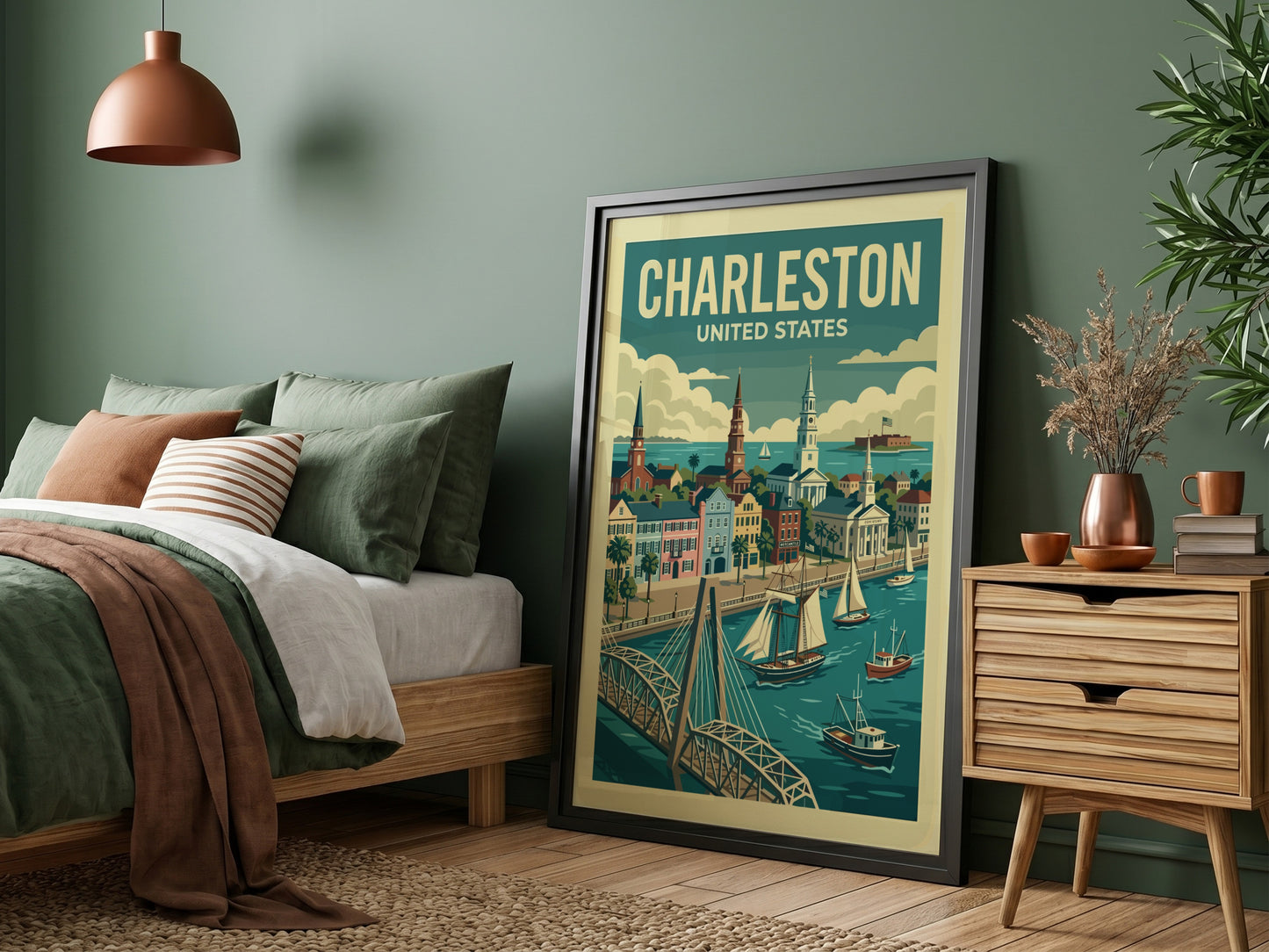 Vintage Charleston travel poster featuring historic buildings and boats on the water.