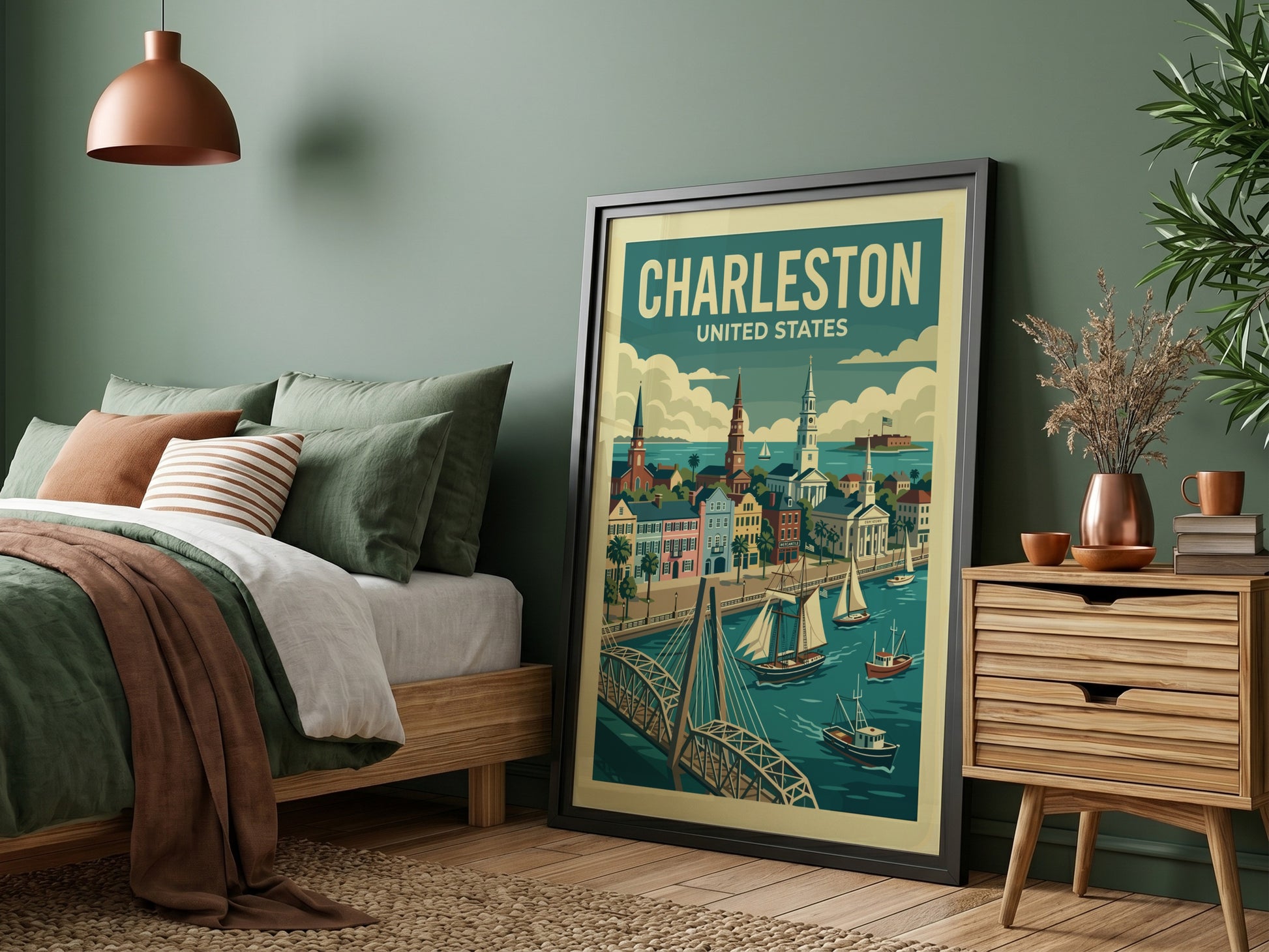 Vintage Charleston travel poster featuring historic buildings and boats on the water.