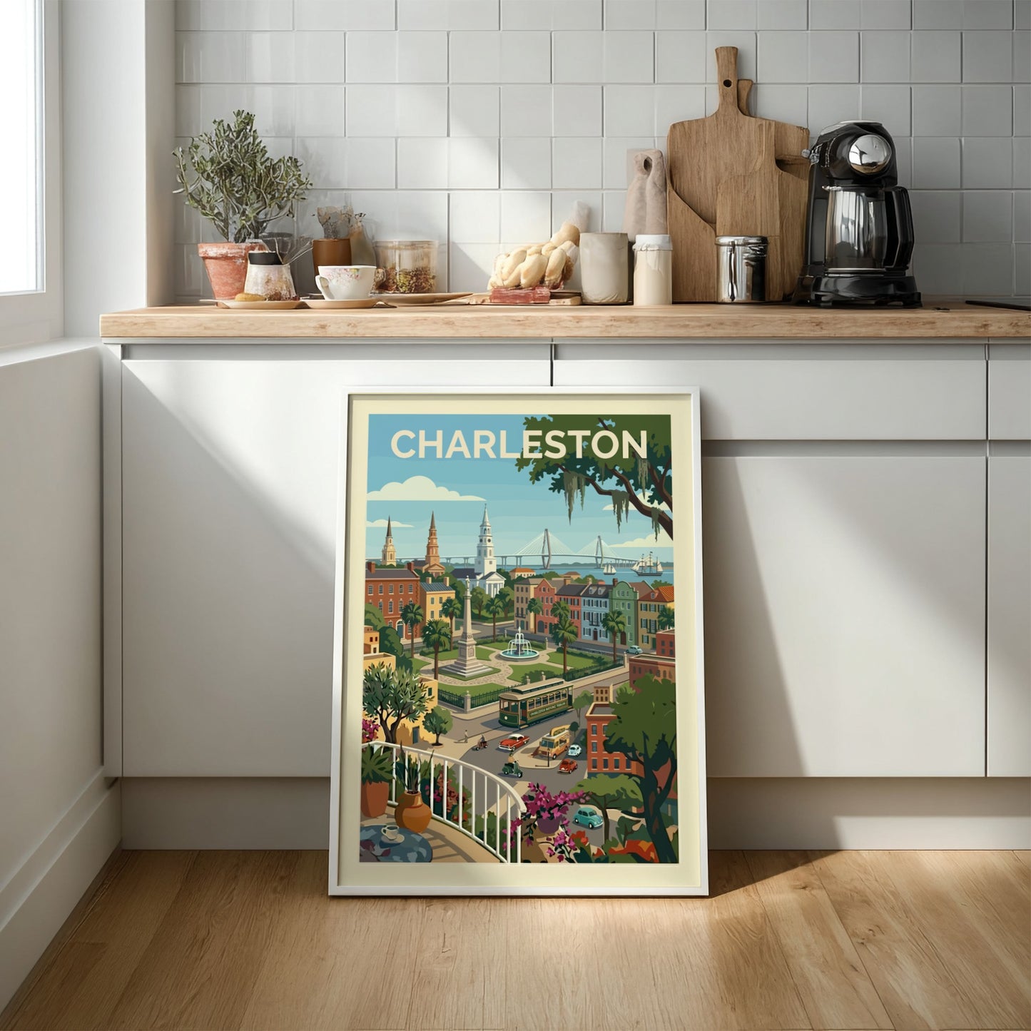Vibrant Charleston cityscape illustration with vintage trolley, historic buildings, and a bridge. Vintage