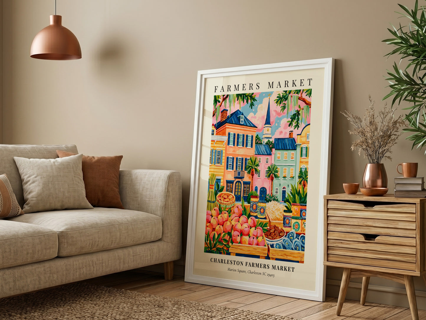 Charleston Farmers Market poster featuring colorful produce and charming buildings in a vibrant style