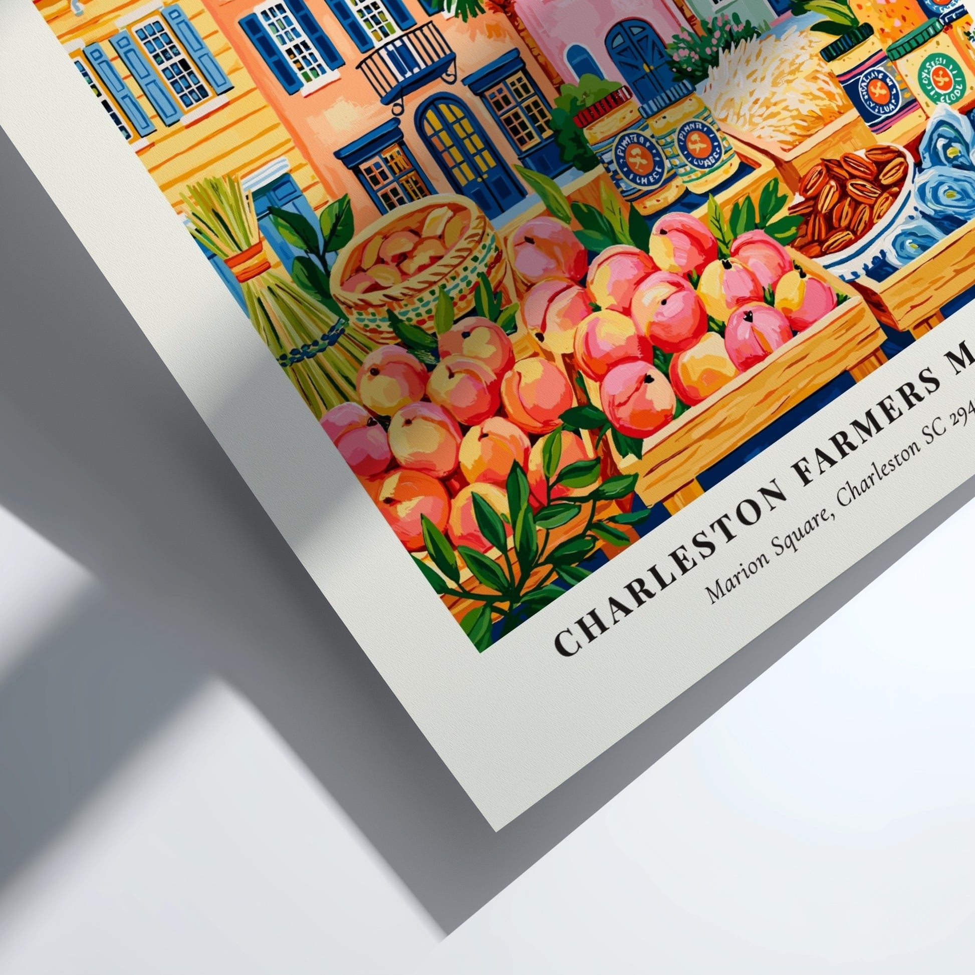 Charleston Farmers Market poster featuring colorful produce and charming buildings in a vibrant style