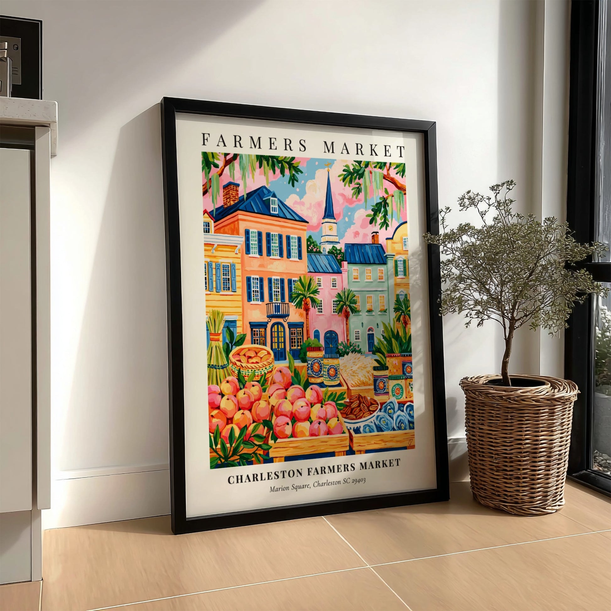 Charleston Farmers Market poster featuring colorful produce and charming buildings in a vibrant style