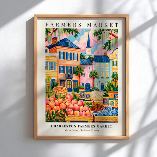 Charleston Farmers Market poster featuring colorful produce and charming buildings in a vibrant style