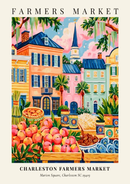 Charleston Farmers Market poster featuring colorful produce and charming buildings in a vibrant style