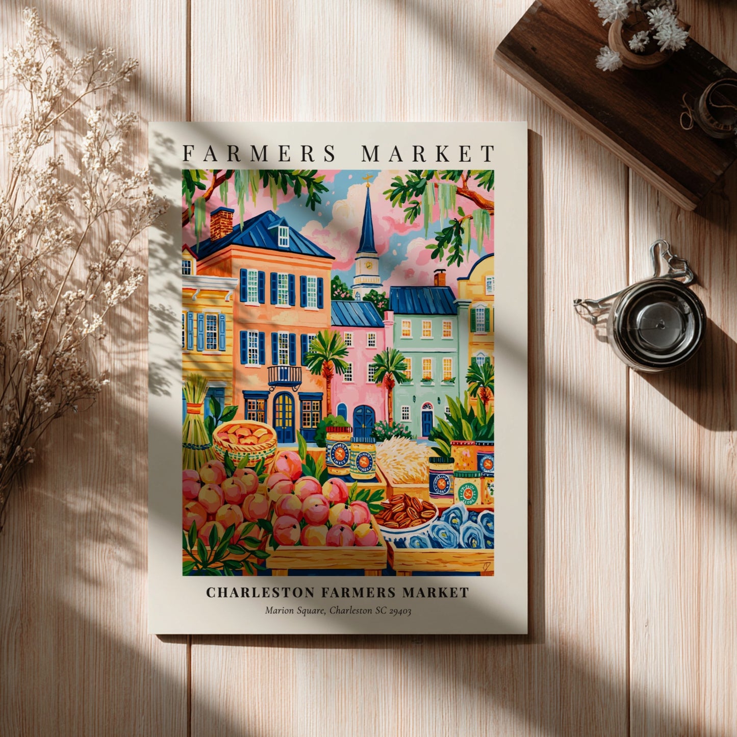 Charleston Farmers Market poster featuring colorful produce and charming buildings in a vibrant style