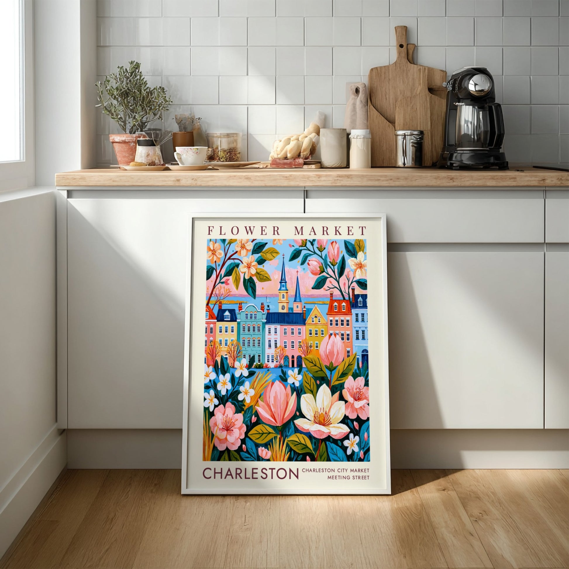 Flower market poster featuring a colorful cityscape with blooming flowers and pastel buildings