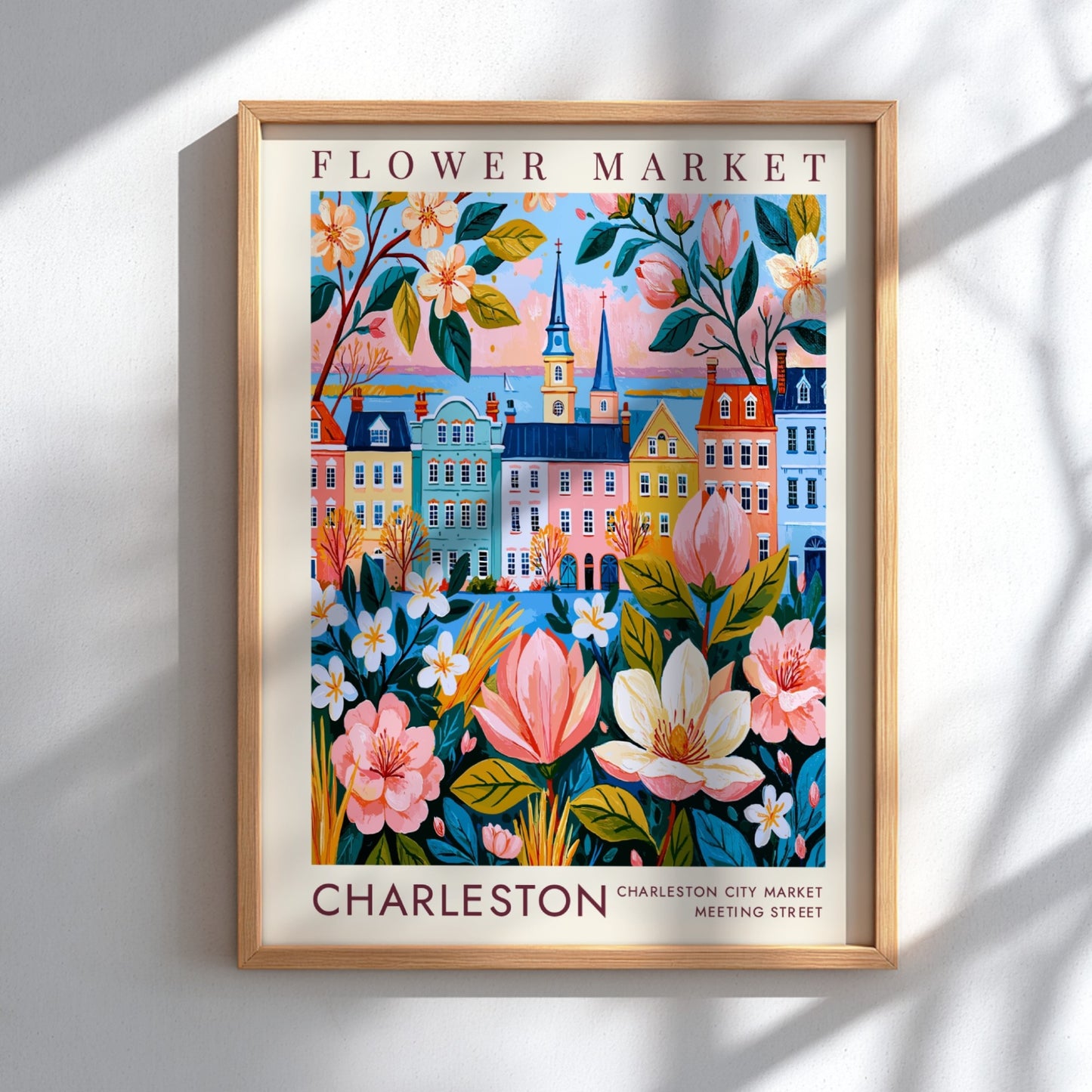 Flower market poster featuring a colorful cityscape with blooming flowers and pastel buildings