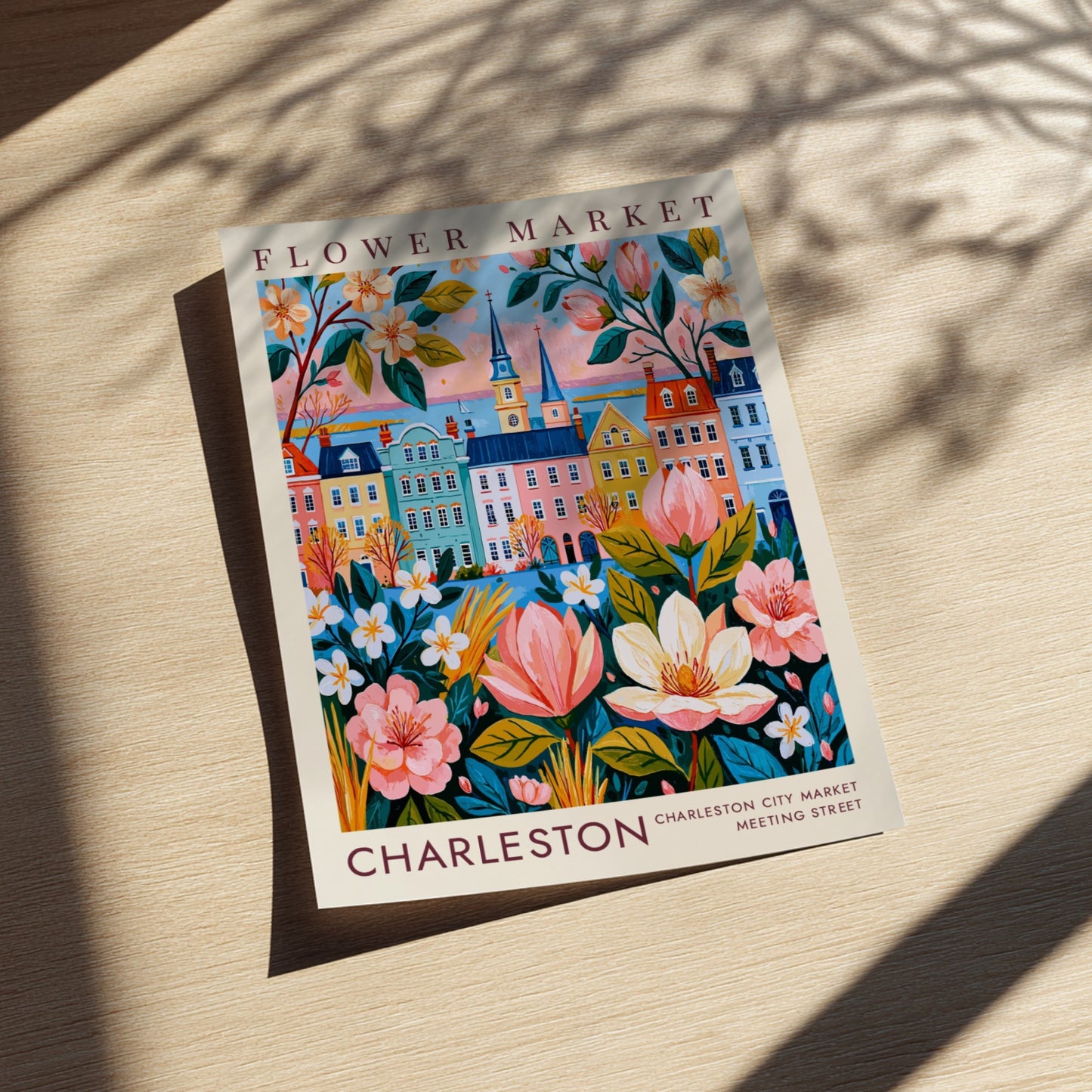 Flower market poster featuring a colorful cityscape with blooming flowers and pastel buildings
